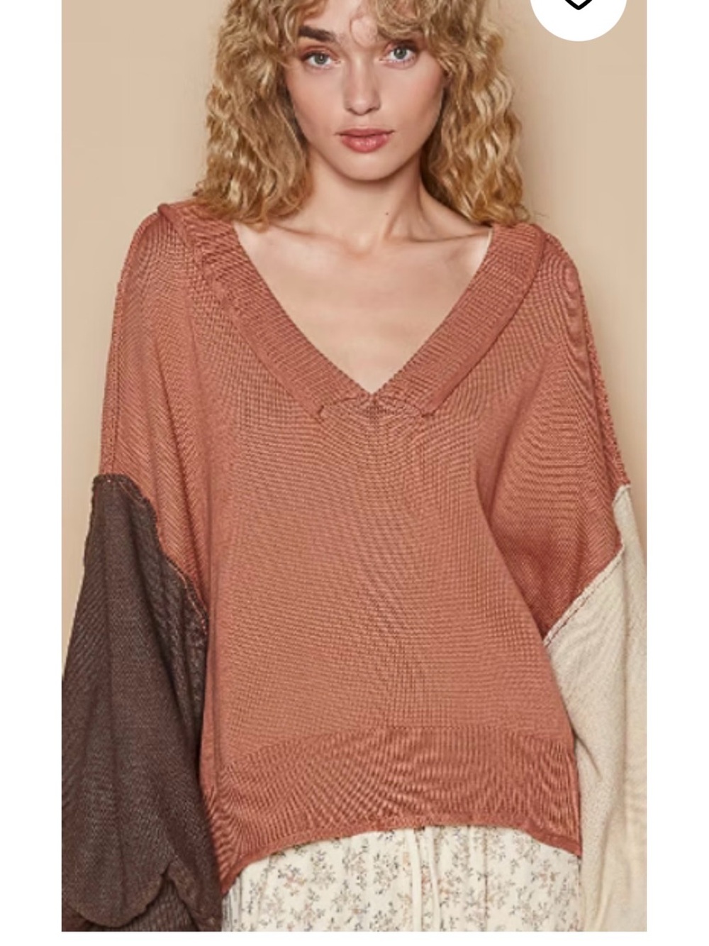 POL Colorblock V-Neck Sweater in Rust, Brown & Cream